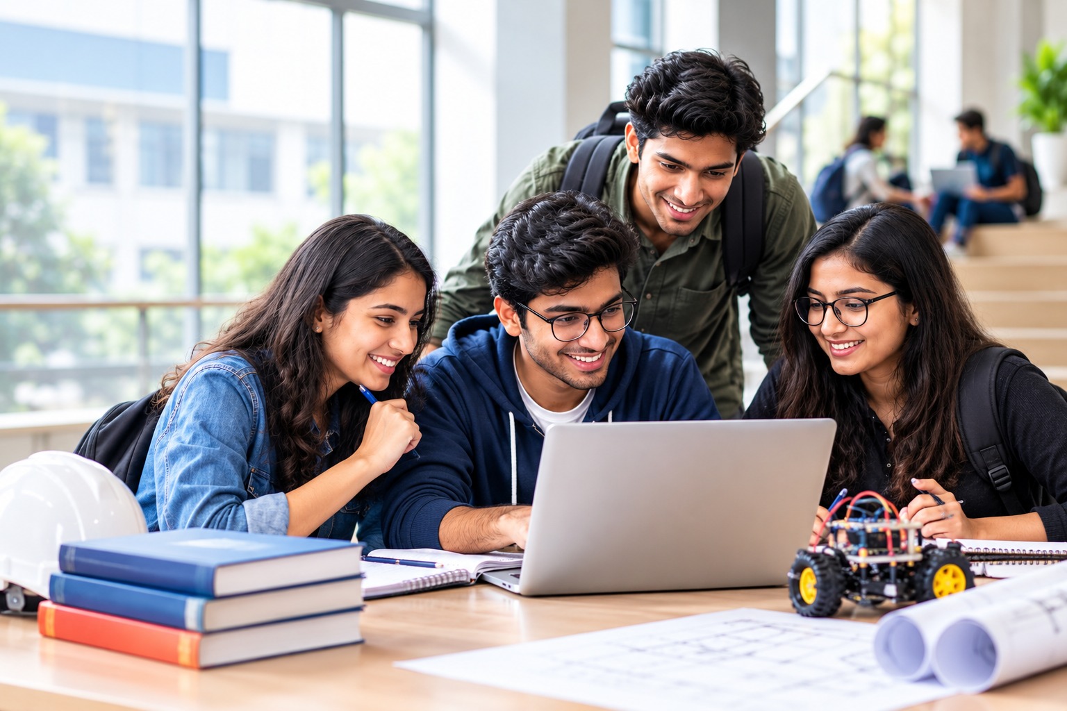 Students studying together at a table with a laptop
