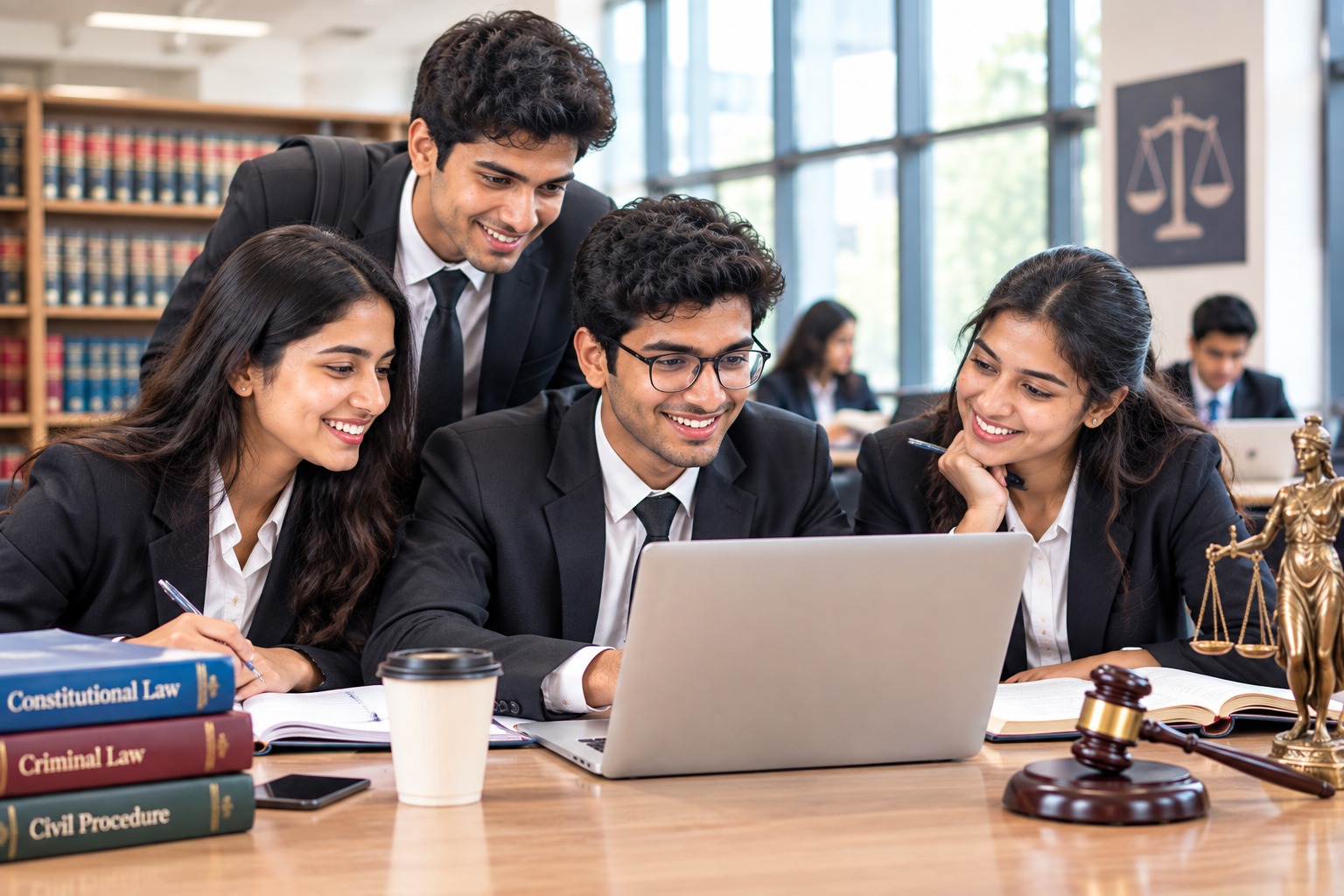 Students studying together at a table with a laptop