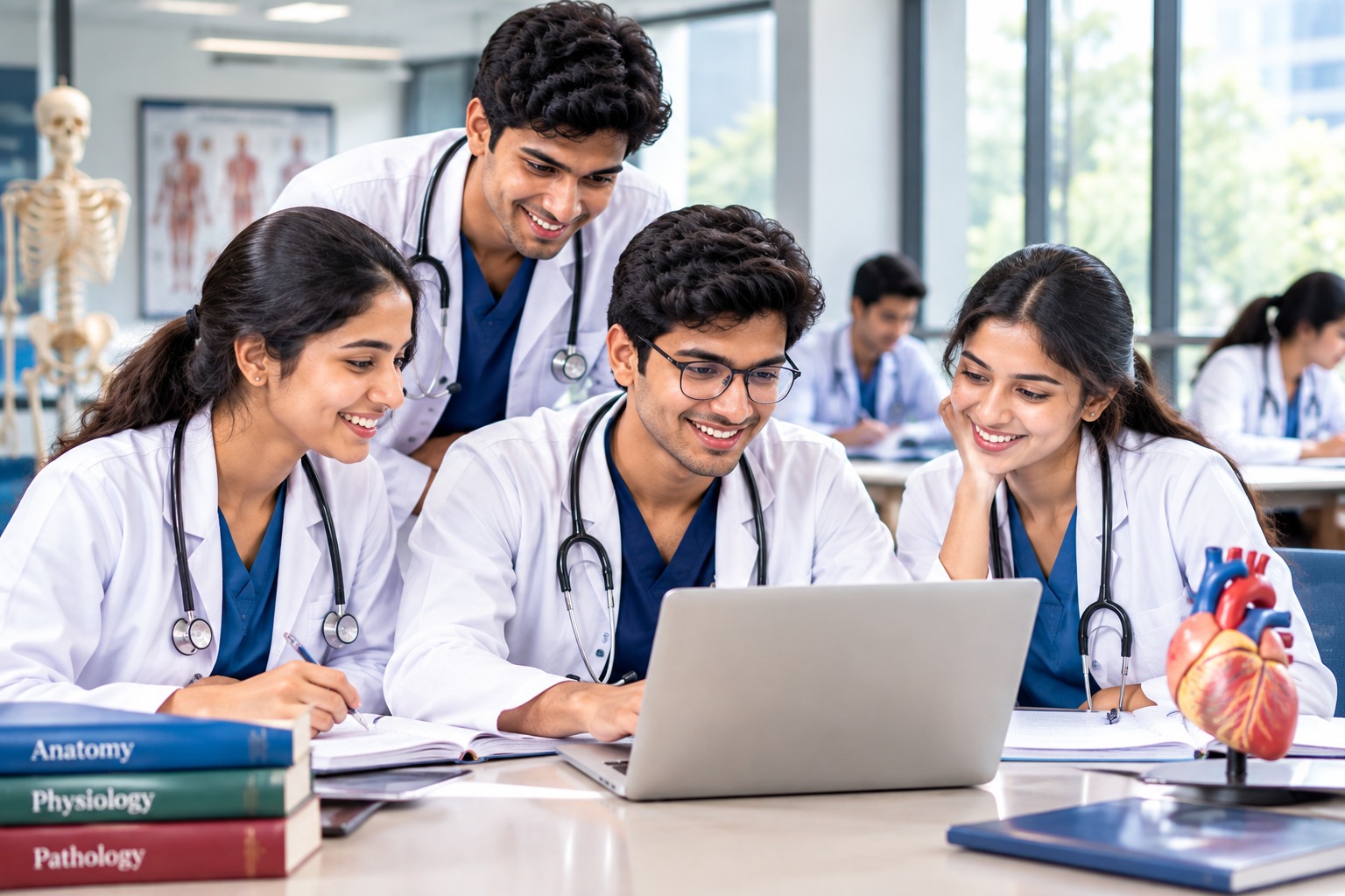 Students studying together at a table with a laptop